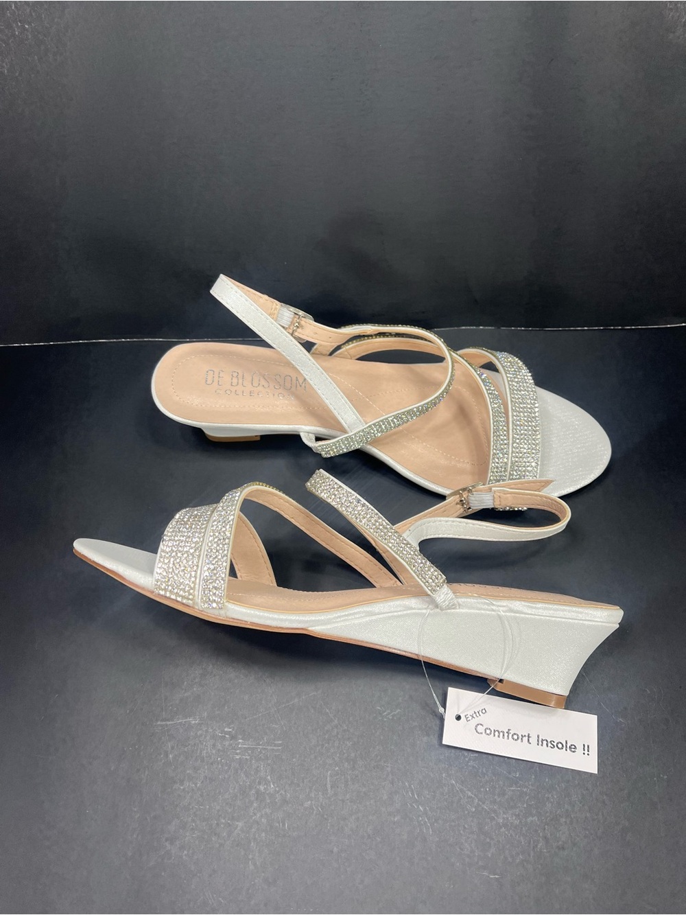 White Silver Rhinestone Glitter Low Wedge Sandals extra comfort New in box 7.5